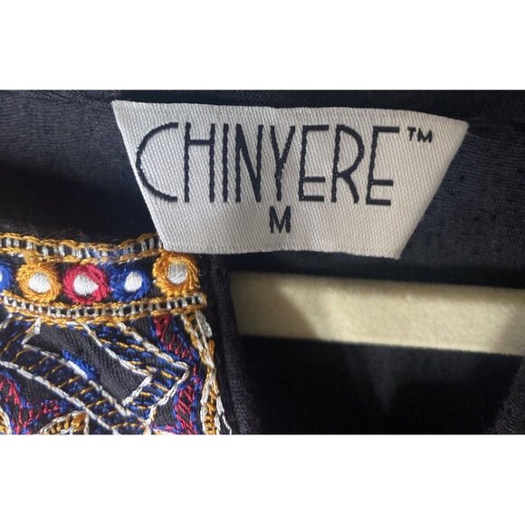Chinyere Women’s Black Embroidered Knee Length Midi Dress Size Medium Aztec - Picture 2 of 12